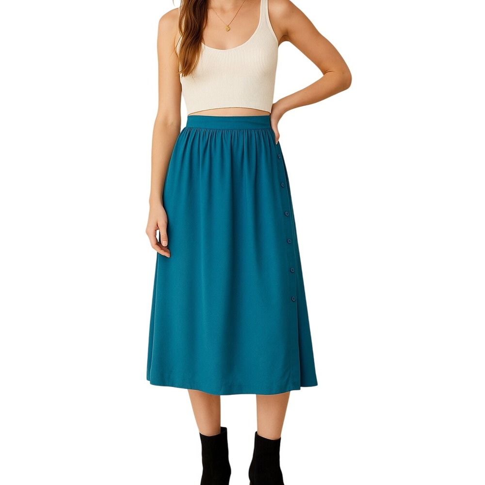 Vintage 80s 90s PBJ Sport Rayon Midi Skirt Teal Blue‎ Size XS Button A-Line